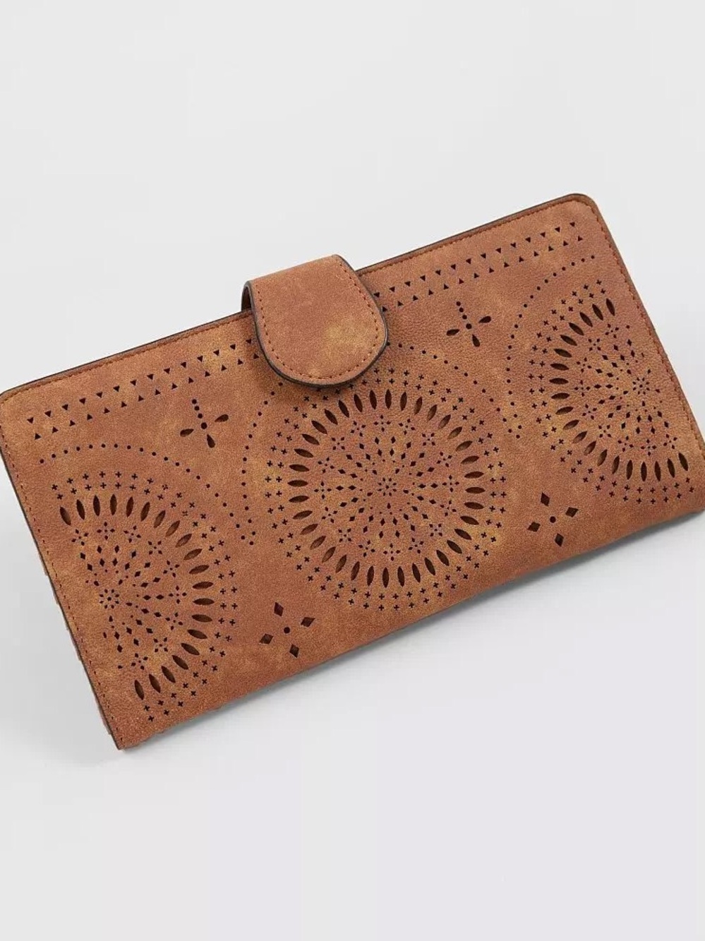 Buckle Perforated Brown Suede Wallet Clutch
